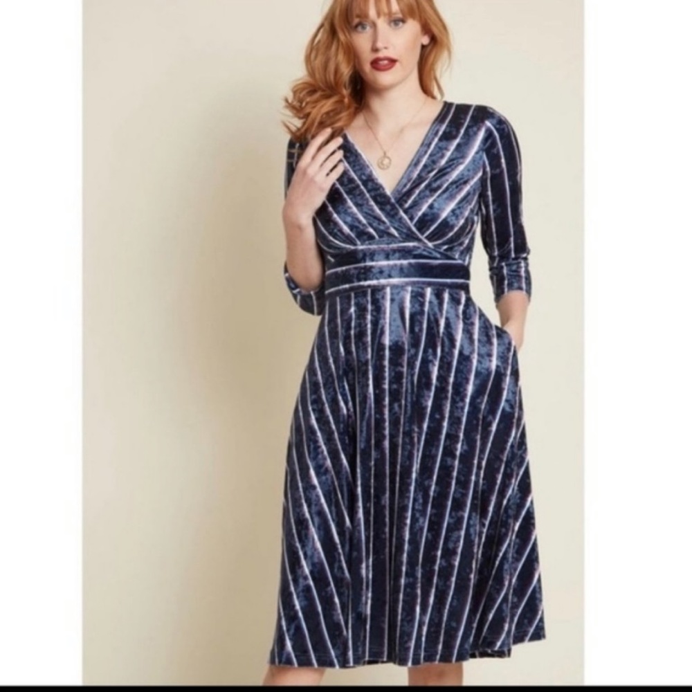 Modcloth Blue Striped Velvet Dress Medium